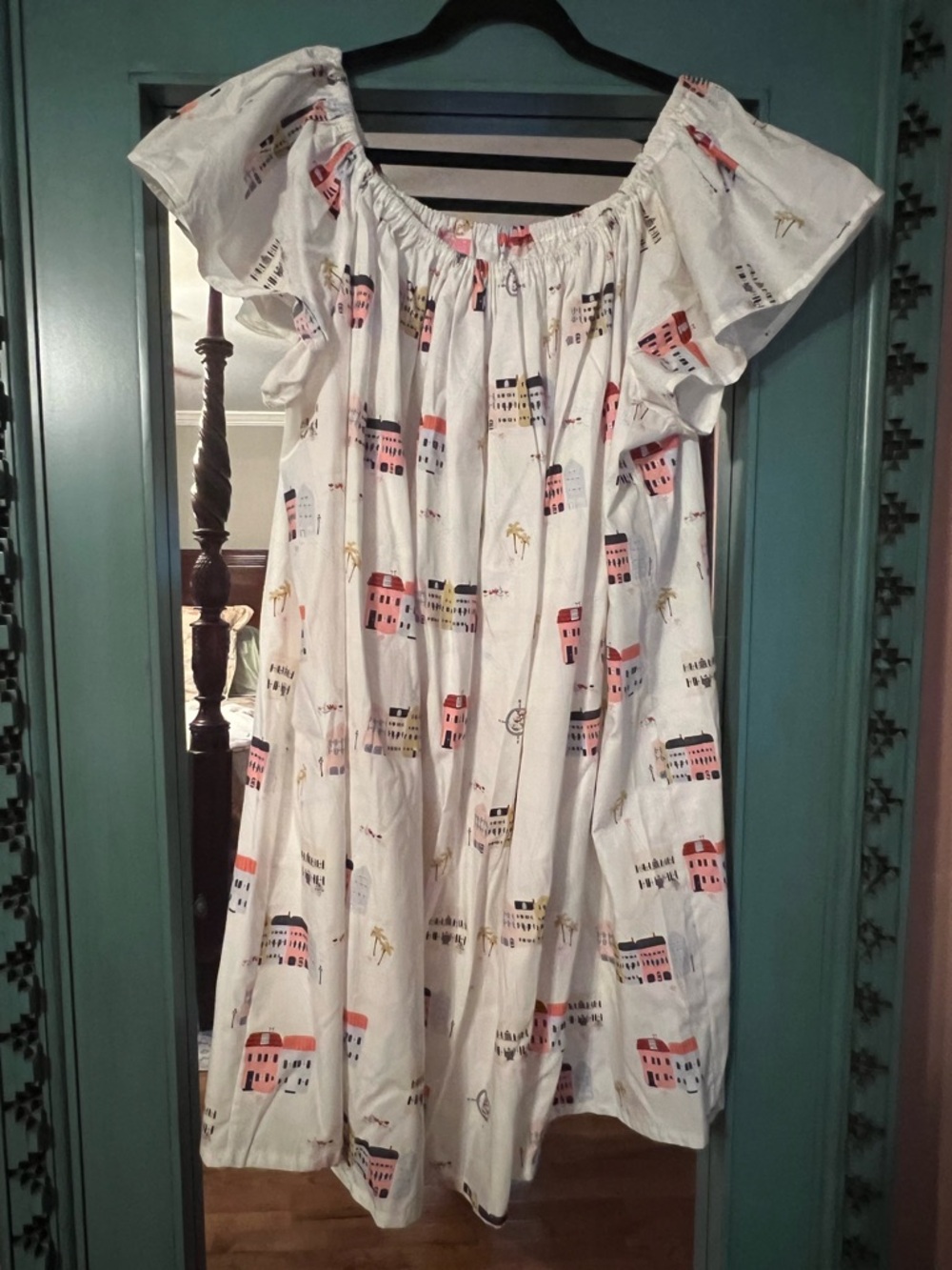 White Off-Shoulder Cotton Dress with Pink & Yellow House Print
